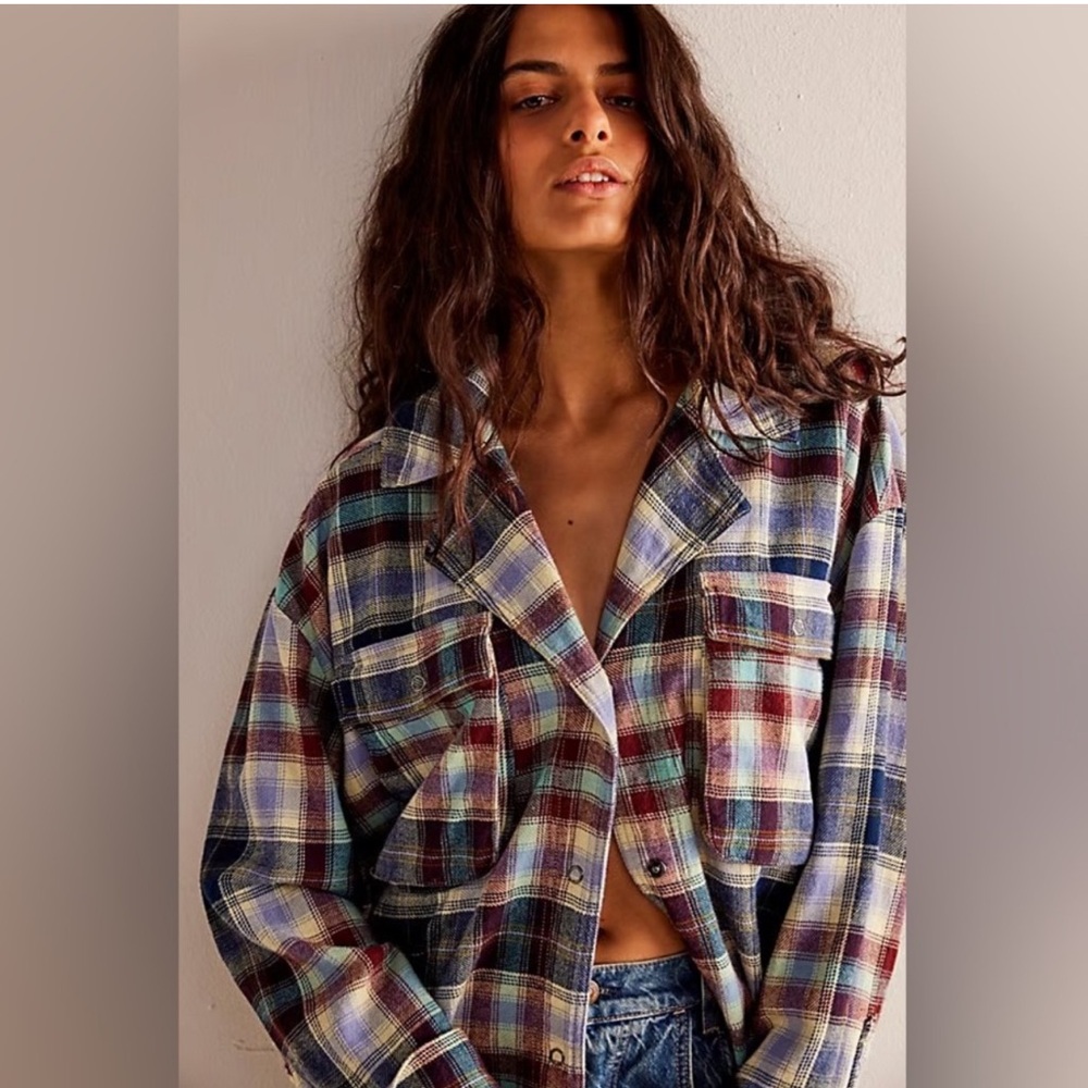 Free People Multicolor Plaid Button-Up Shirt Jacket